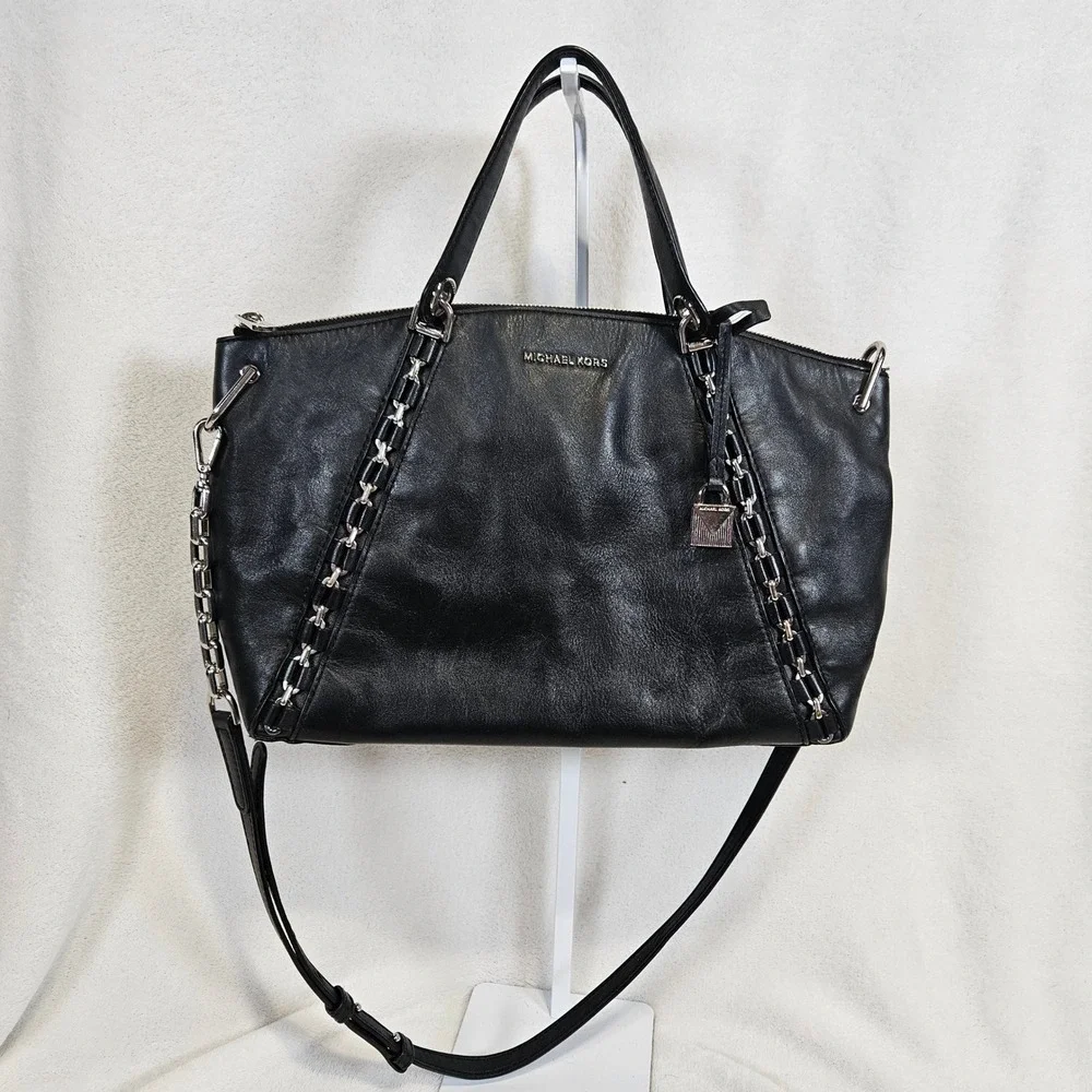 Michael Kors Black Leather Chain Trim Satchel Crossbody Bag Silver Hardware